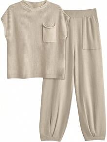 2 Piece Knit Sets Women Sweatsuit Sets - Apricot - View 1