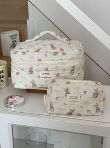 Borsa per il trucco con stampa di coniglio blu a forma di cuore, in tessuto morbido con cerniera, dolce e carino, borsa da toilette per uso domestico, da viaggio e quotidiano per le donne, elementi essenziali da viaggio, vacanza estiva, ritorno a scuola, borsa per la scuola, borsa da viaggio per le donne, borsa da viaggio per il trucco