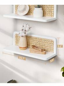 Rattan Floating Shelves,Set Of 2, Boho Cane Webbing Wall Shelves Farmhouse Display Storage Organizer White Bookshelves Wicker Room Decor For Living Room Bedroom Entryway Hallway Bathroom - 白色 - 查看 3