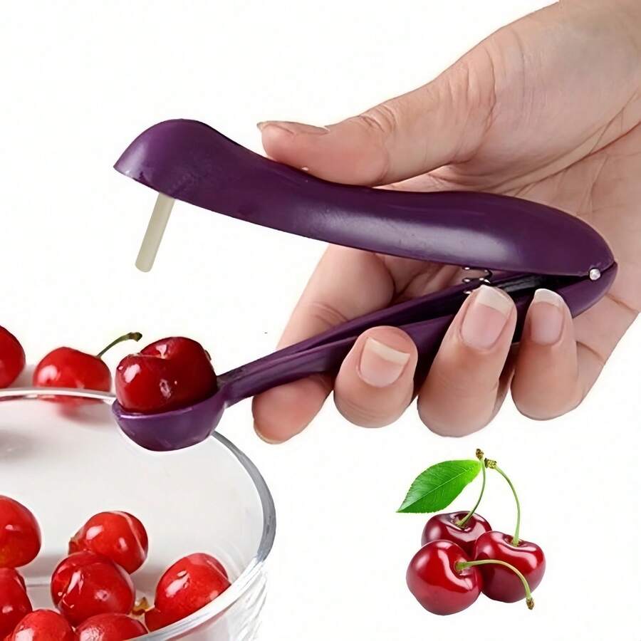1pc Plastic Handheld Cherry Pitter, Quick Pit Remover, Fruit Processing Aid, Fast And Easy Cherry Extractor, Cherry, Red Date, Olive, Pomegranate, Hawthorn Pit Removal Tool. Comfortable Grip Design, Durable Plastic Handle - Purple - View 1