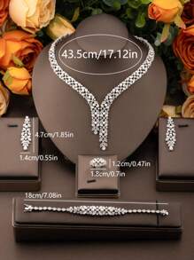 1 Set Luxury Elegant Cubic Zirconia Faux Pearl Jewelry Set, Including 1 Pair Of Earrings, 1 Necklace, 1 Bracelet, 1 Ring, Suitable For Women's Wedding, Party Wearing (Excluding Gift Box)