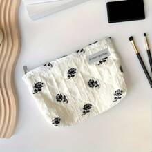 Rose Flower Print Cosmetic Bag, Large Capacity Portable Fresh Floral Patterned Toiletry Organizer, Textured Makeup Pouch