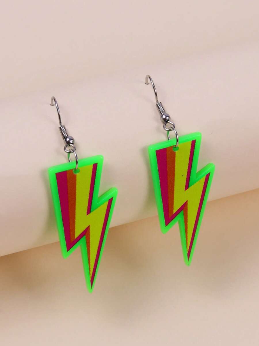 1 对简约高端荧光闪电时尚耳环，适合女士 - 綠色 - 查看 1