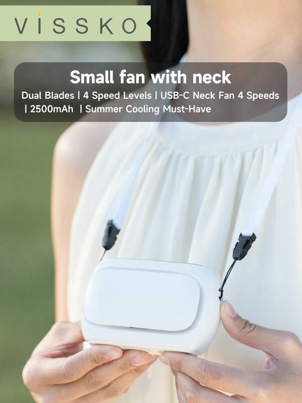 ViSSKO Ventilador de cuello portátil con 2 aspas, 4 velocidades y 2500mAh de batería de larga duración para uso en la oficina y actividades al aire libre