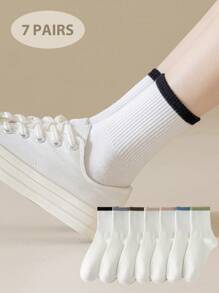 7 Pairs White Women's Socks, Four Seasons Ribbed Colorful Trim Women Crew Socks, Sports Casual Daily