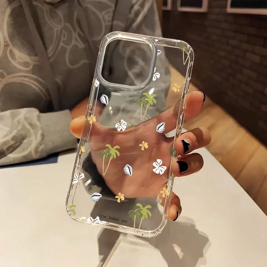 1 件减震气垫镜头保护全屏热带设计手机壳，椰子棕榈，贝壳，花卉海滨图案，兼容 16 Pro Max、15/14 Plus、13、12、11 及系列