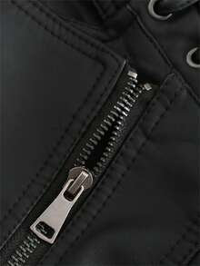 New Spring & Autumn Women Leather Jacket, Short Fitted Thin Faux Leather Motorcycle Jacket - Black - View 4