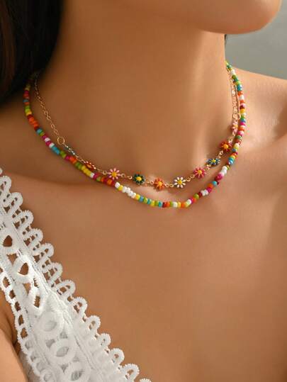 2 Stücke Choker Halsketten Set für Frauen, bunte Blumen Perlen Ketten Stil Boho Chic Sommer Urlaub Halskette, Glas Material (Blumenfarbe zufällig)