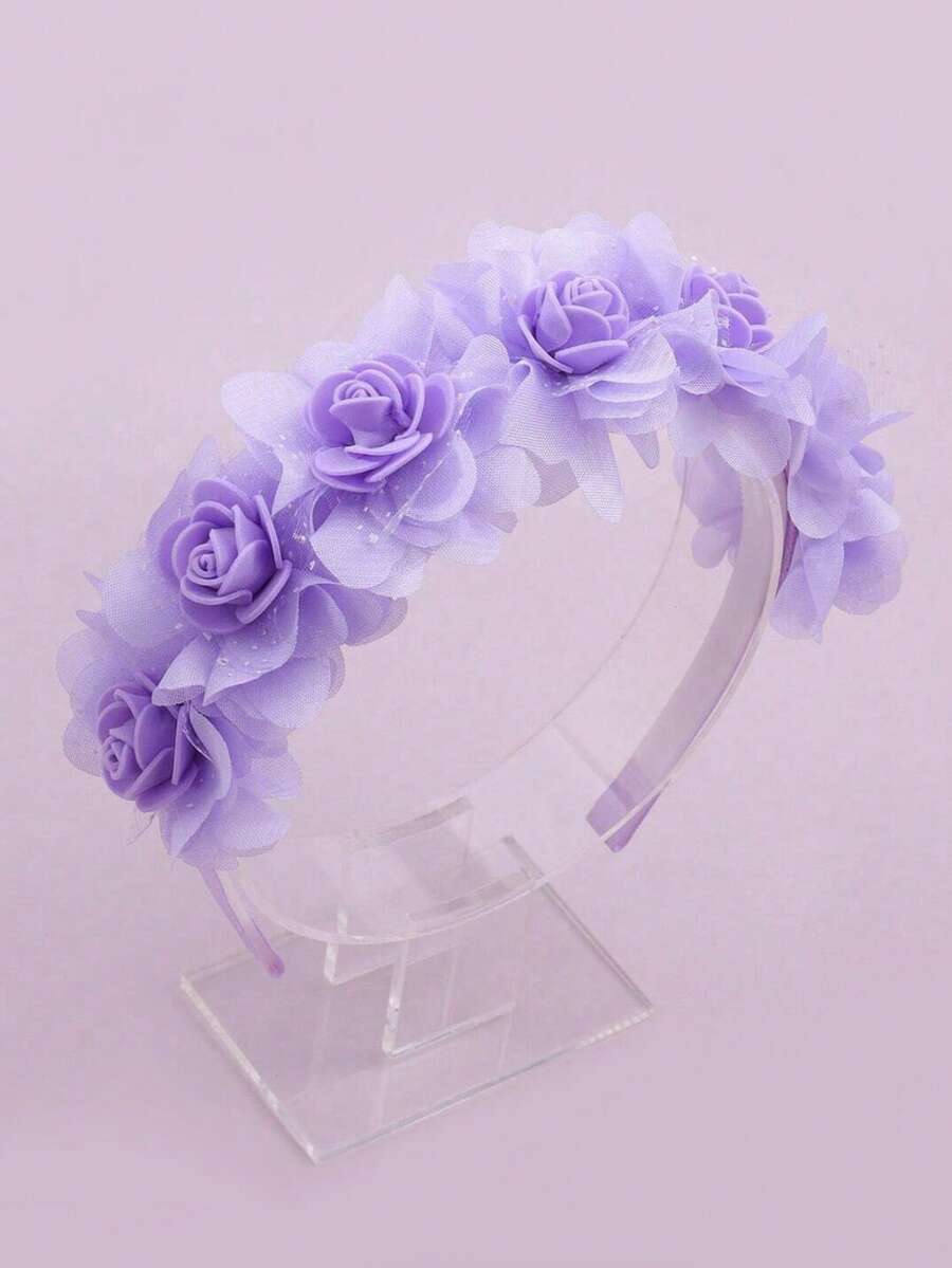 1pc Child Purple Floral Headband, Dainty Everyday Hair Accessory, Cute Sweet Flower Hair Hoop, European & American Cross-Border Children Hair Decor - Purple - View 1
