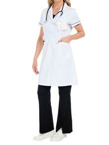 女式短袖翻领撞色腰部可调节瘦身口袋手术服护士制服套装，适用于牙医保健、宠物医院、实验室的工作服