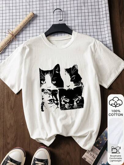 Vintage Cat Print 100% Cotton Short Sleeve T-Shirt For Women, Summer