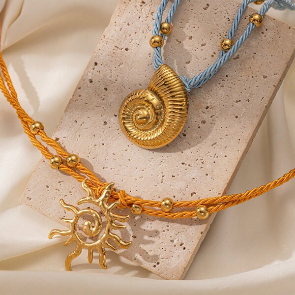 1pc Multi-Layer Colorful Thick Rope Starfish & Seashell Stainless Steel Necklace, Suitable For Women's Daily Vacation Wear
