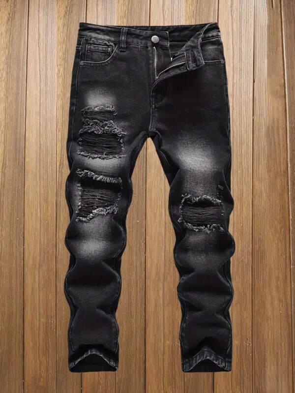 Straight Leg Distressed Boys & Teen Casual Denim Jeans, Fashionable Street Style For All Seasons
