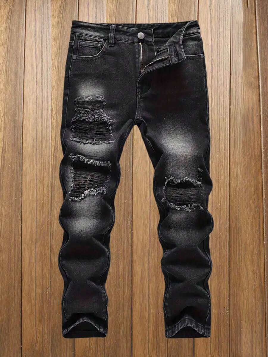 Straight Leg Distressed Boys & Teen Casual Denim Jeans, Fashionable Street Style For All Seasons