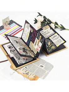 Scrapbook Albums Hardcover Photo Albums With DIY Accessories Set, Stretchable Folding Adventure Book, Kraft Paper Photos Collection Memory Book For Wedding Anniversary Valentine's Day Christmas School Supplies, Back To School - Black - View 6