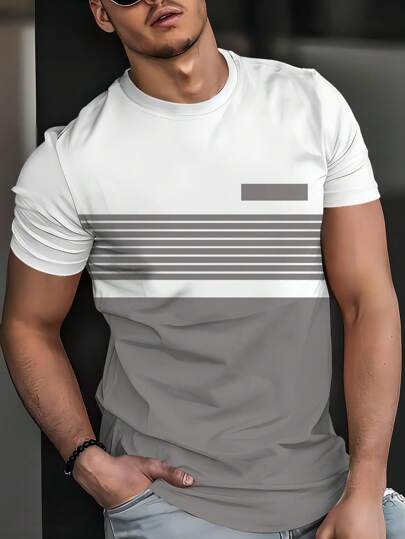 Camiseta de hombre con estampado 3D de patrón de líneas de dos tonos, casual de manga corta, ropa de verano para hombre para uso al aire libre, Top tipo jersey de manga corta