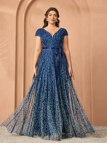 Mgiacy,New Arrival,V-Neck, Printed Mesh, Airplane Sleeves, Tie, Big Swing, Long Dress, High-End Evening Dress