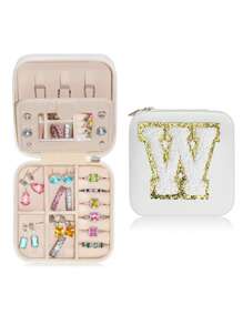 1pc Portable Travel Jewelry Box, Custom Lettered (A-Z) Organizer, Multi-Layer Jewelry Case With Mirror And Makeup Brush Holder, Suitable For Rings, Necklaces For Women Storage Organizer Travel Essentials Back To School Dormitory Storage