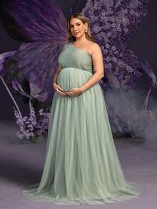 Faeriesty Dressalisa 优雅加大孕妇单肩不对称领口无袖网眼覆盖连衣裙，适合夏春场合（婚礼嘉宾、正式晚宴、花园派对、孕妇写真、晚会）