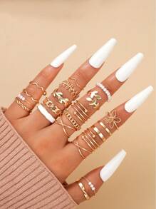 Set de 21 piezas de anillos geométricos de metal con flores, perlas y hojas para mujeres, joyería creativa adecuada para uso diario, boda, fiesta, vacaciones, playa, regalo para novia, mamá, amigos (sin caja)