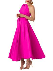 Plus Size Women's Solid Color Asymmetric Waist Twist Ruched Elegant Dress - Hot Pink - View 6