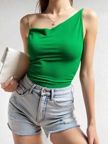 Blusa top asimétrica corta lisa para mujer estilo casual de moda - Verde - Ver 1