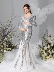 Faeriesty Dressalisa luxuriöses Umstandsabendkleid mit langen Ärmeln, V-Ausschnitt, Pailletten-Netzstoff für Schwangerschaftsfotos, Baby-Shower, Brautporträts, formelle Galas, Preisverleihungen - Silber - Übersicht 5