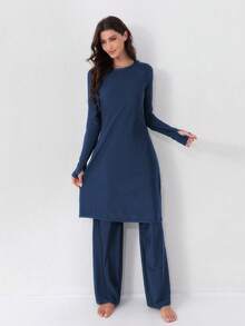 VFJ 女士穆斯林泳装两件套，全身防晒服，伊斯兰布基尼泳衣，长款沙滩装 - 藏蓝色 - 查看 6