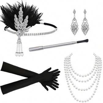 Conjunto de 5 piezas de la Colección Gatsby de los años 20 para disfrazarse con elegante estilo Hepburn, adecuado para fiestas de Halloween, bailes, fiestas de solteros, regalos para familiares y amigos cercanos