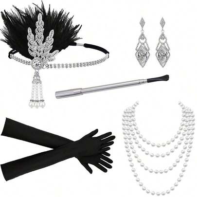 5pcs, 1920s Ladies Gatsby Collection Elegant Hepburn Style Dress Up Set, Suitable For Halloween Party Makeup, Ball, Singles Party Dress Up, Gifts For Family And Close Friends