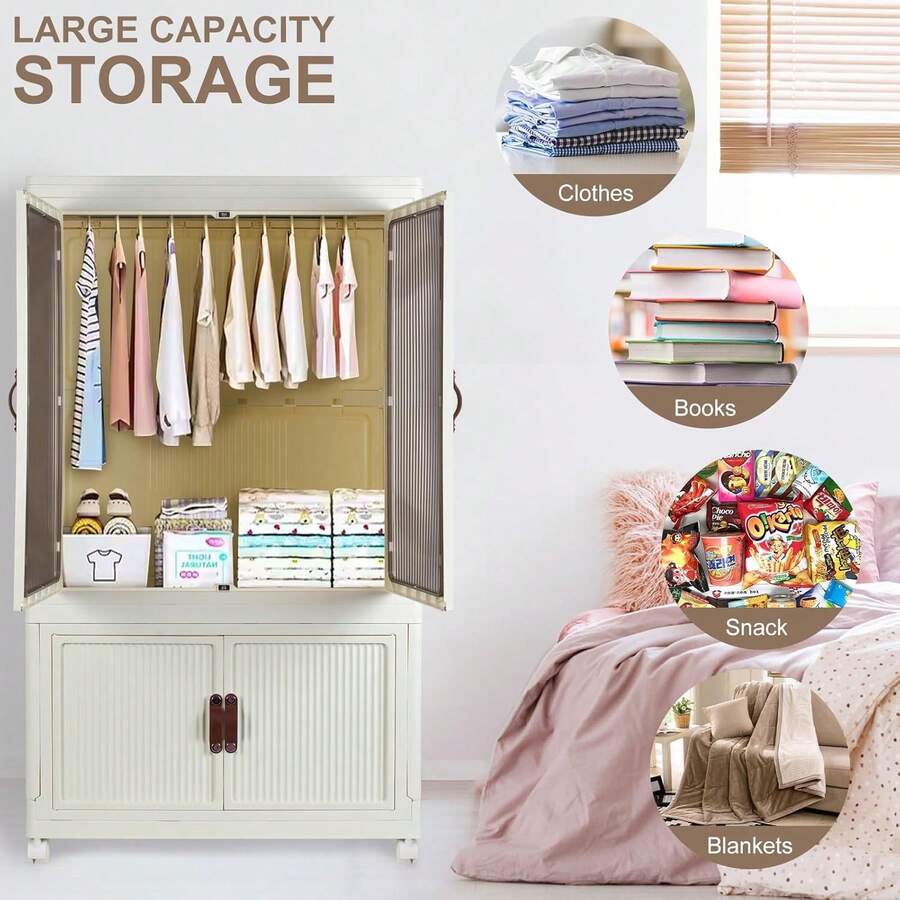 Portable Folding Wardrobe Closet Organization System And Storage Cabinet With Wheels And Double Doors, Suitable For Home, Bedroom With 10 Hangers, Mounted Closet Systems - 白色 - 查看 1
