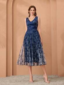(Unspecified Floral) V-Neck Printed Mesh Ruffle Hem Luxurious Evening Gown