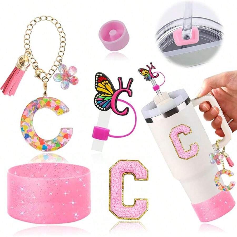 6PCS Cup Accessories Set For 30oz 40oz, Compatible With Stanley Cup Letter Charms For Handle Silicone Boot,Straw Cover Topper & Sticker (Letter S) - Letter C - View 1