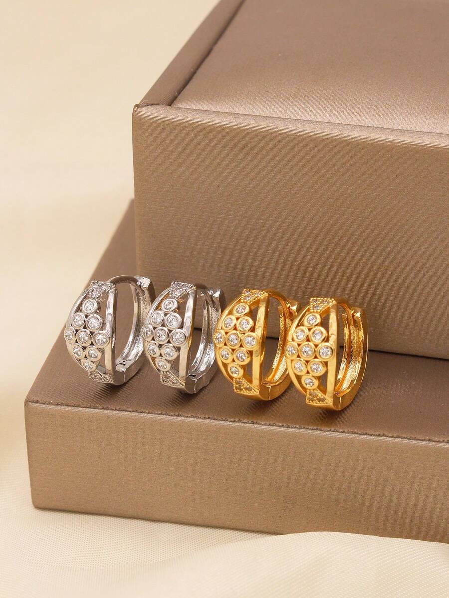 Simple Gold Plated Design Style Earrings Fashion Jewelry For Woman Gifts Inlaid Gems Rhinestone Piercing Small Round Earrings Party Wear Accessories - JH0533 - View 1