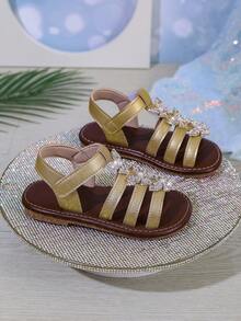 Girls Princess Shoes, 2025 Summer New Sweet Children Butterfly Flower Roman Sandals, Little Girls Soft-Sole Flat Beach Shoes - Gold - View 3