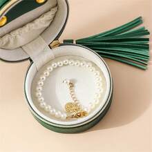 1pc Round Tassel Travel Mini Jewelry Box, Ring Earring Stud Organizer, PU Leather Zipper Jewelry Storage Box, Jewelry Counter Protection Display Box - Round - View 7
