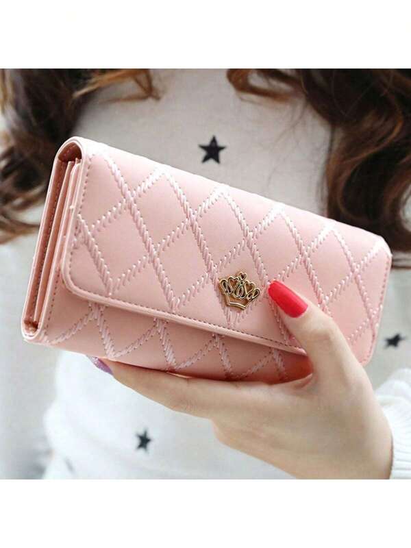1pc Pink Wallet For Women 2024 New Large Capacity Long Wallet For Ladies Thin Fashion Quilted Metallic Crown Clutch Purse Business & Daily Use Girl/Valentine's Gift Wallet Purse Wallet Money Wallet