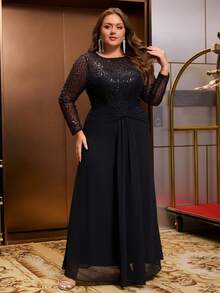 Vestido de noche largo talla grande de cuello redondo de malla con lentejuelas negras - Negro - Ver 5