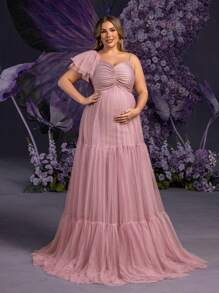 Faeriesty Dressalisa Elegant Plus 孕妇不对称领口褶饰紧身胸衣超大薄纱裙，带荷叶边饰袖，适合夏春场合（婚礼嘉宾、正式晚宴、花园派对、孕妇写真、晚会）