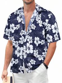 Mens Hawaiian Floral Shirts Button Down Tropical Holiday Beach Shirtshalloween - B Dark Blue Flowers - View 8