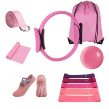 Conjunto de 11 Peças de Anel Pilates - Equipamento de Fitness Doméstico para Mulheres - Elástico de Resistência de Quadril, Bola de Fitness Pilates Mini Yoga de 25cm, Meias de Yoga, Banda de Alongamento, Folha de Força, Bolso com Cordão. Adequado para exercitar as pernas, braços, coxas, etc. em casa.