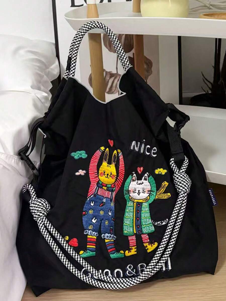 新款时尚可爱卡通兔子和猫刺绣女士手提包，多功能手提包，带肩带 - 彩色 - 查看 1