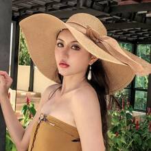 1 pièce Chapeau de soleil de plage élégant à nœud papillon blanc et ondulé pour femme, protection contre le soleil pour les vacances