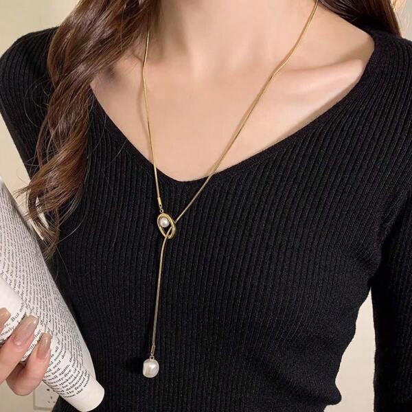 1pc Luxury Pearl Necklace Women, Adjustable Knitted Accessories, Long Necklace, Chic, Suitable For Autumn/Winter