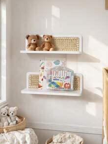 Rattan Floating Shelves,Set Of 2, Boho Cane Webbing Wall Shelves Farmhouse Display Storage Organizer White Bookshelves Wicker Room Decor For Living Room Bedroom Entryway Hallway Bathroom - 白色 - 查看 4