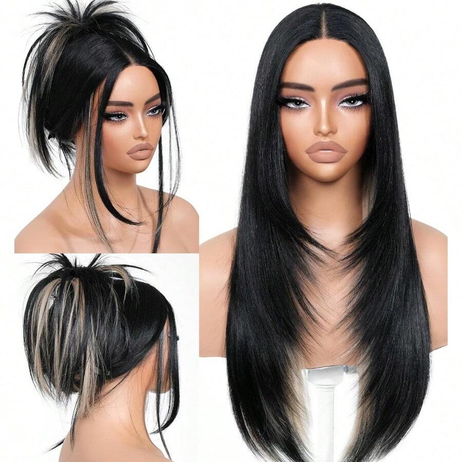Black Blond Skunk Stripe Wear And Go Glueless Wigs Pre Plucked Pre Cut For Beginners Synthetic Lace Front Wigs With Bangs Long Straight Layered Wigs Highlights 26 Inch 3 Seconds To Wear - BlackBlonde - View 1
