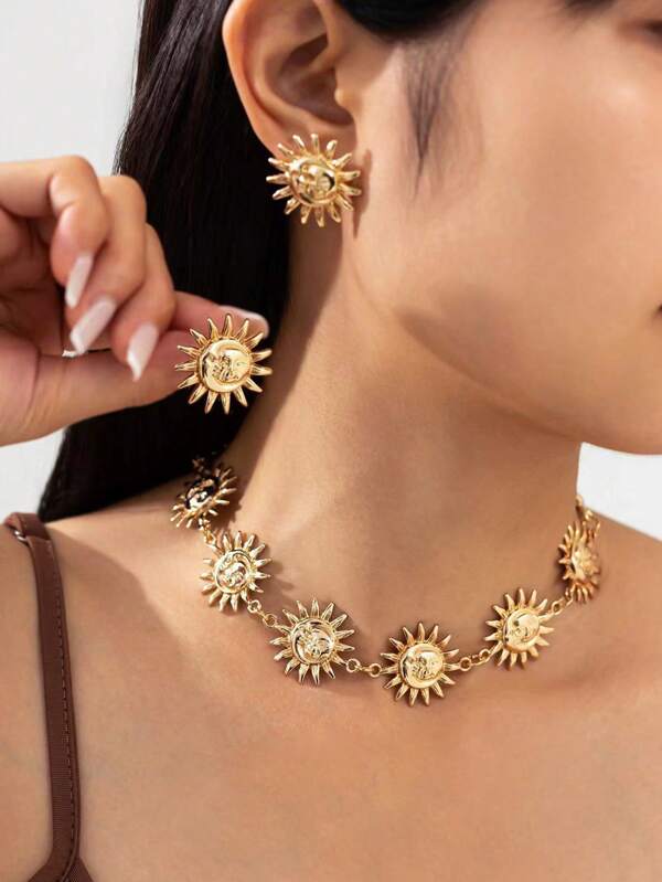 3 Pcs/Set Geometric Sunflower, Face Pendant Necklace & Earring Jewelry Set For Women, Fashion Daily Accessory & Gift