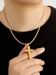 1pc New Fashionable Stainless Steel & Titanium Steel Men's Cross Pendant Necklace, Braided Chain, Suitable For Daily Wear And As A Gift - Twist Chain Cross - View 5