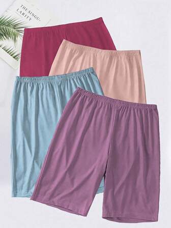 4pcs Women's Plus Casual Sleep Shorts, Plus Size Solid Elastic Waist Soft & Comfy Lounge Shorts