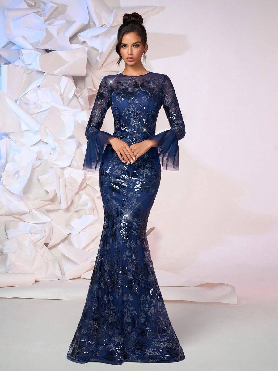 优雅合身喇叭袖礼服，春夏新品，正式、派对礼服，适合晚会、婚礼宾客 - 藏蓝色 - 查看 1